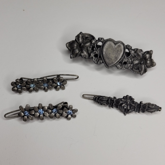 Vintage metal hair barrettes gemstones flowers and heart clasps - Picture 2 of 6